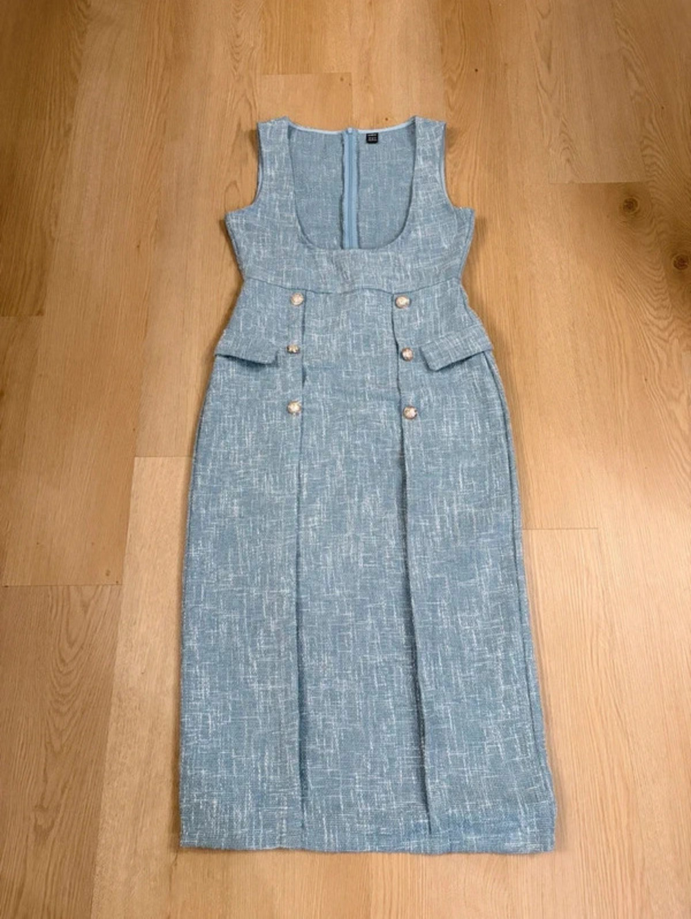 Women’s SHEIN Women’s Blue Tweed Midi Dress Gold Buttons Size M